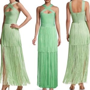 Herve Leger Crossneck Fringe Gown in Mint